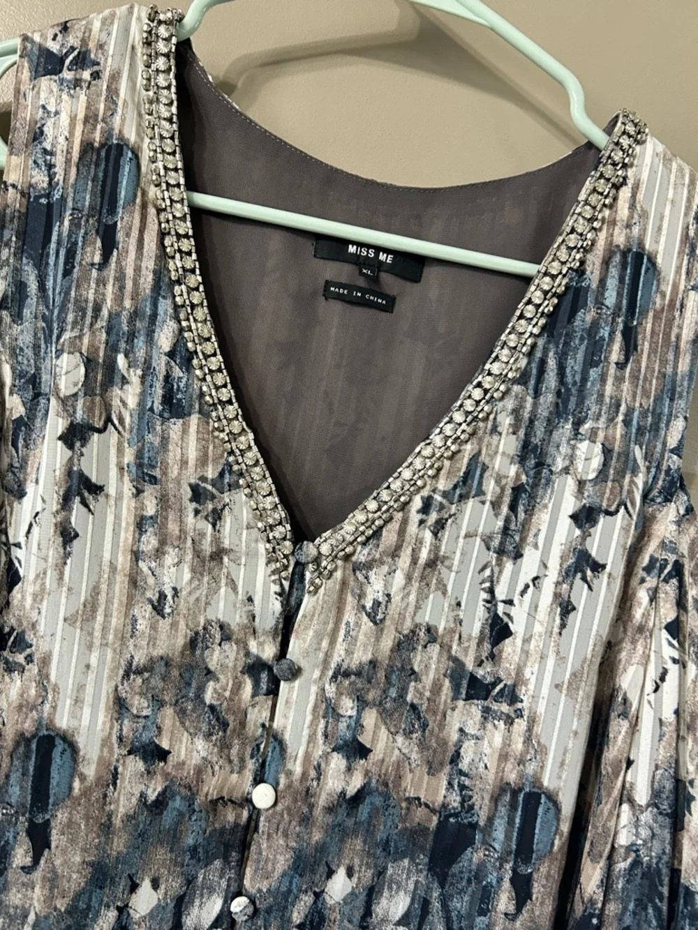 Miss Me Beaded V-Neck Cold-Shoulder Blouse in Blue and Cream Ruffle sleeves